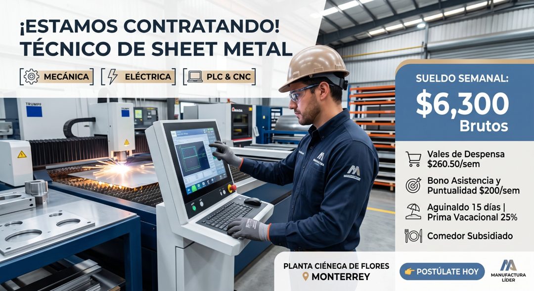 Banner del anuncio de la vacante: ¡ESTAMOS CONTRATANDO! · TÉCNICO DE SHEET METAL · MECÁNICA ELÉCTRICA · PLC & CNC · G. · SUELDO SEMANAL: · $6,300 · Brutos · Vales de Despensa