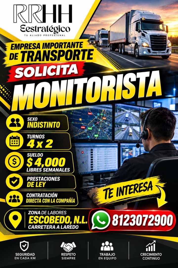 Banner del anuncio de la vacante: RRHH · Eestratégico · TU ALIADO PROFESIONAL · EMPRESA IMPORTANTE · DE TRANSPORTE · SOLICITA · MONITORISTA · SEXO · INDISTINTO · TURNOS · 4 x