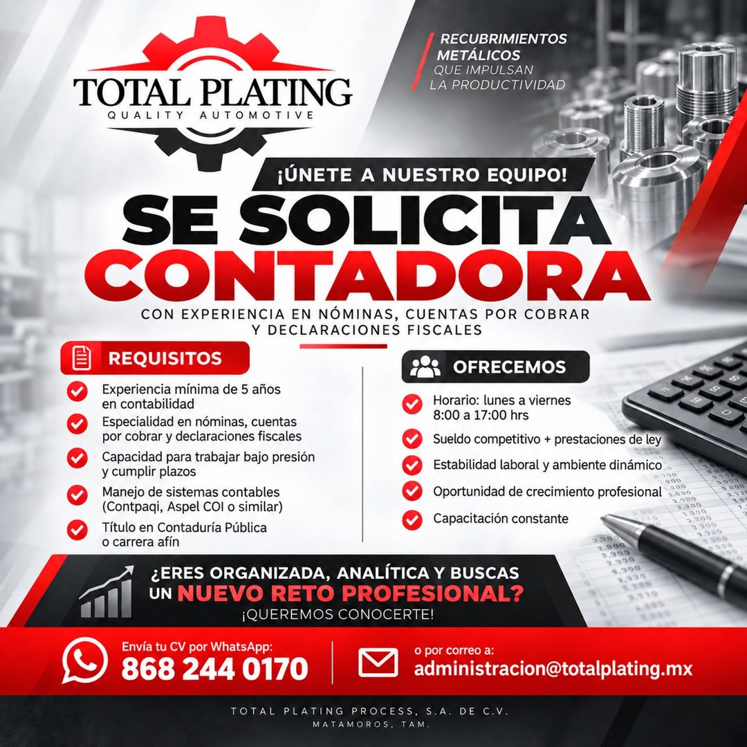 Banner del anuncio de la vacante: RECUBRIMIENTOS · METÁLICOS · QUE IMPULSAN · LA PRODUCTIVIDAD · TOTAL PLATING · QUALITY · AUTOMOTIVE · ¡ÚNETE A NUESTRO EQUIPO! · SE SOLICITA