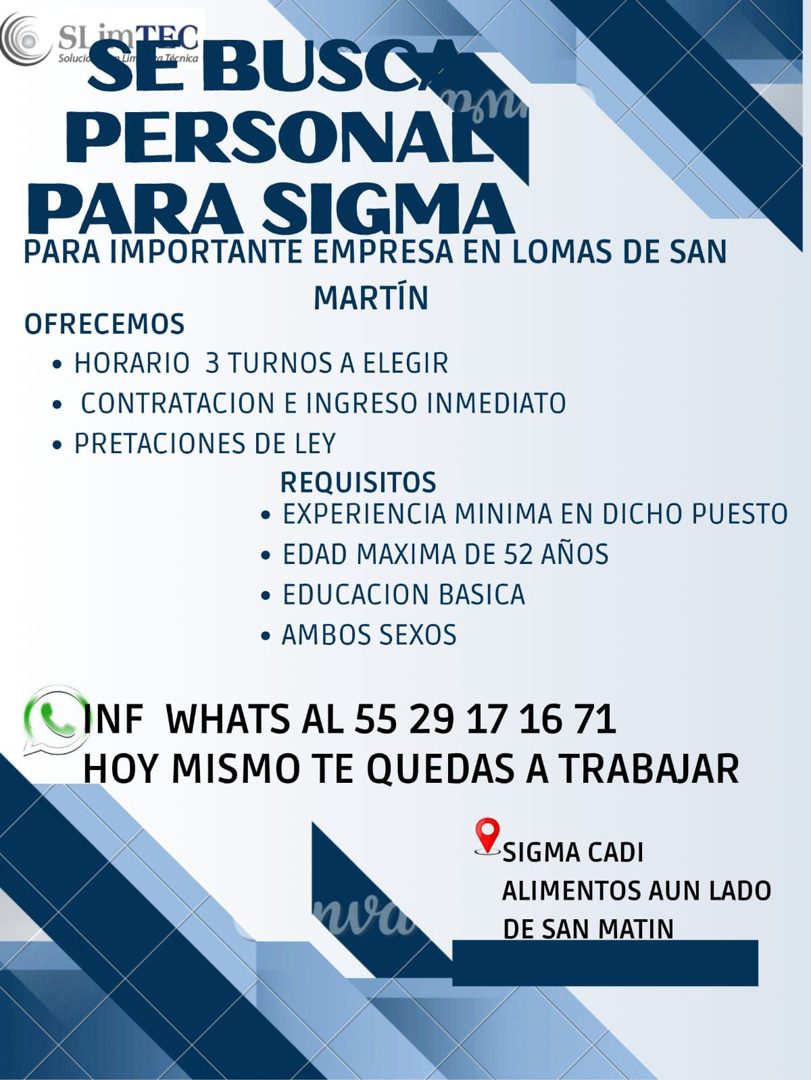 Banner del anuncio de la vacante: SE BUSCA · PERSONAL · PARA SIGMA · PARA IMPORTANTE EMPRESA EN LOMAS DE SAN · MARTÍN · OFRECEMOS · • HORARIO 3 TURNOS A ELEGIR · • CONTRATACI