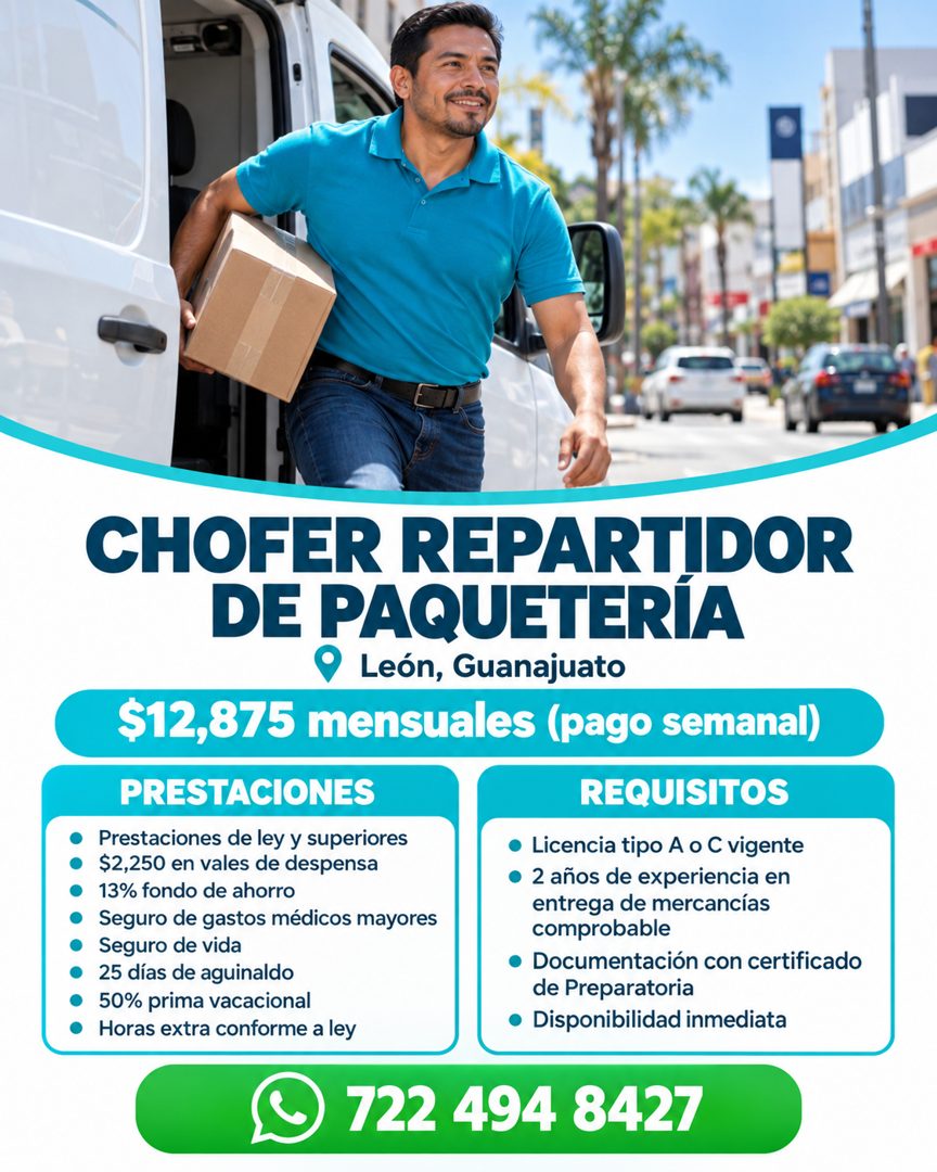 Banner del anuncio de la vacante: CHOFER REPARTIDOR · DE PAQUETERIA · • León, Guanajuato · $12,875 mensuales (pago semanal) · PRESTACIONES · REQUISITOS · • Prestaciones de le