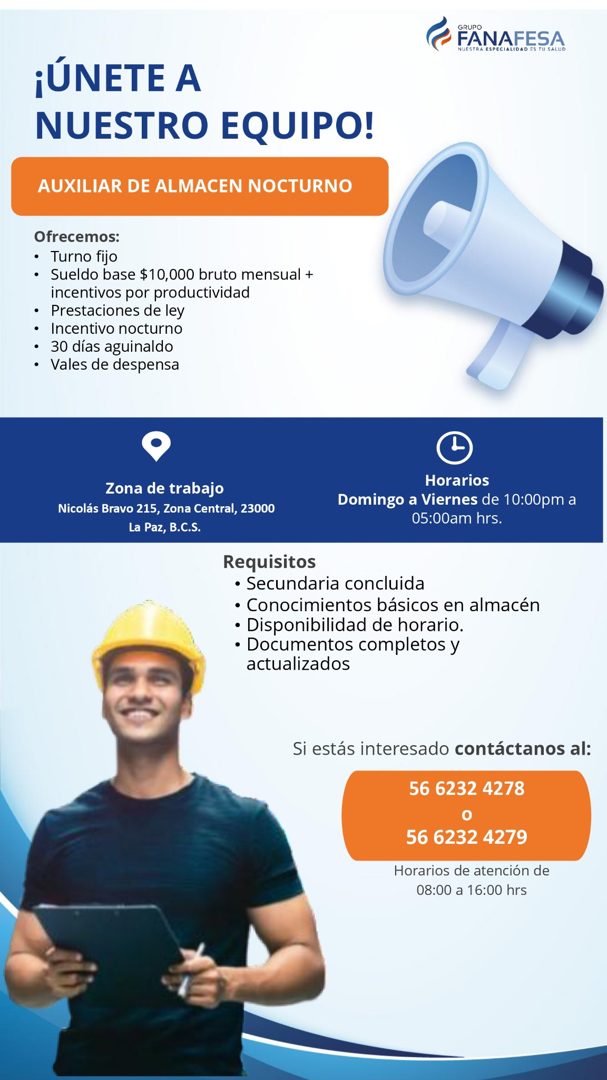 Banner del anuncio de la vacante: GRUPO · FANAFESA · NUESTRA ESPECIALIDAD ES TU SALUD · ¡ÚNETE A · NUESTRO EQUIPO! · AUXILIAR DE ALMACEN NOCTURNO · Ofrecemos: · • Turno fijo 