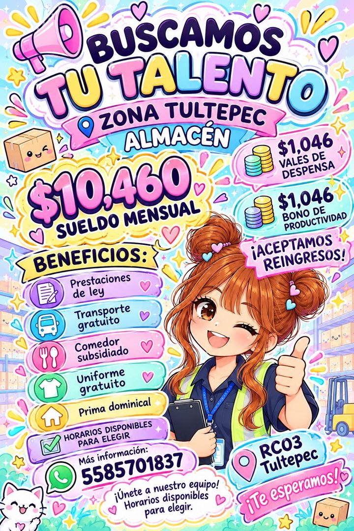 Banner del anuncio de la vacante: BUSCAMOS · TUVALENTO · • ZONA TULTEPEC · ALMACEN · $10.460 · SUELDO MENSUAL · $1,046 · VALES DE · DESPENSA · $1,046 · BENEFICIOS: · BONO DE 