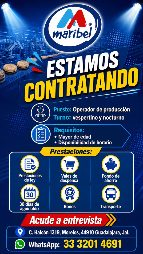 Banner del anuncio de la vacante: maribel · ESTAMOS · CONTRATANDO · Puesto: Operador de producción · Turno: vespertino y nocturno · Requisitos: · • Mayor de edad · • Disponib