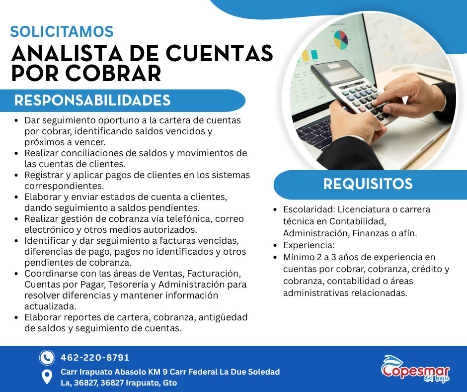 Banner del anuncio de la vacante: SOLICITAMOS · ANALISTA DE CUENTAS · POR COBRAR · RESPONSABILIDADES · • Dar seguimiento oportuno a la cartera de cuentas · por cobrar, identi