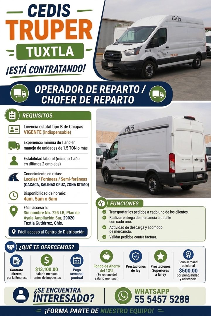 Banner del anuncio de la vacante: — CEDIS - · TRUPER · E0179 · TUXTLA - · E0179 · TRUFES · ¡ESTÁ CONTRATANDO! · OPERADOR DE REPARTO / · CHOFER DE REPARTO · B · REQUISITOS · L