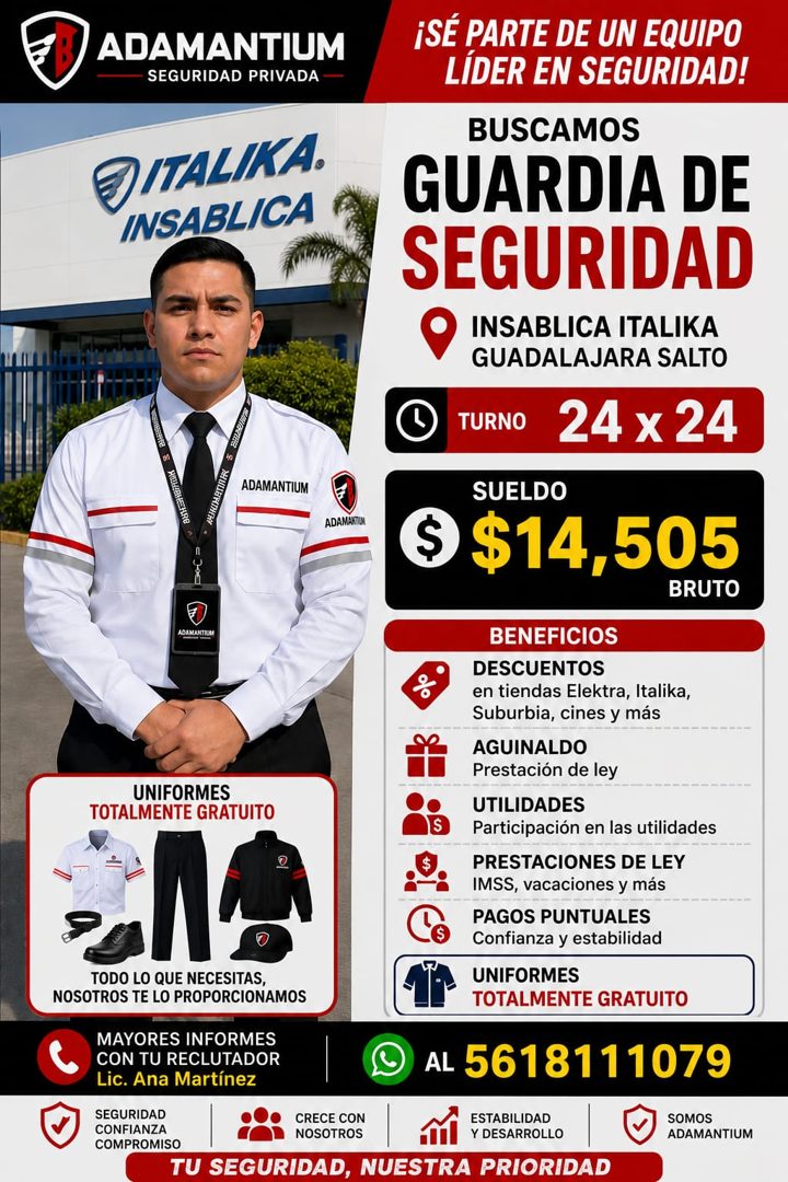 Banner del anuncio de la vacante: ADAMANTIUM · - SEGURIDAD PRIVADA · DITALIKA. · INSABLICA · ADAMANTIUM · ADAMANTAM · ADAMANTIUM · UNIFORMES · TOTALMENTE GRATUITO · TODO LO Q