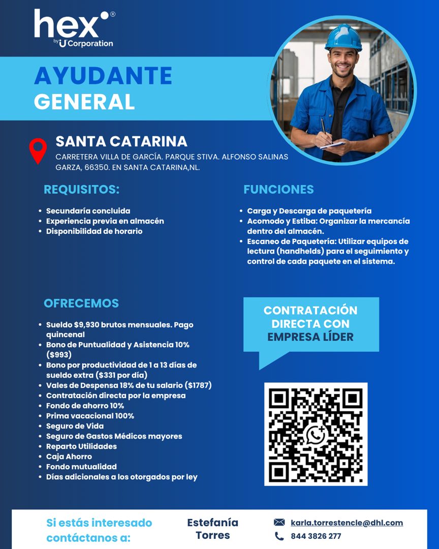 Banner del anuncio de la vacante: hex®® · by U Corporation · AYUDANTE · GENERAL · SANTA CATARINA · CARRETERA VILLA DE GARCÍA. PARQUE STIVA. ALFONSO SALINAS · GARZA, 66350. EN