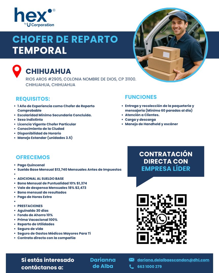 Banner del anuncio de la vacante: hex®® · by U Corporation · CHOFER DE REPARTO · TEMPORAL · CHIHUAHUA · RIOS AROS #2905, COLONIA NOMBRE DE DIOS, CP 31100. · CHIHUAHUA, CHIHUA