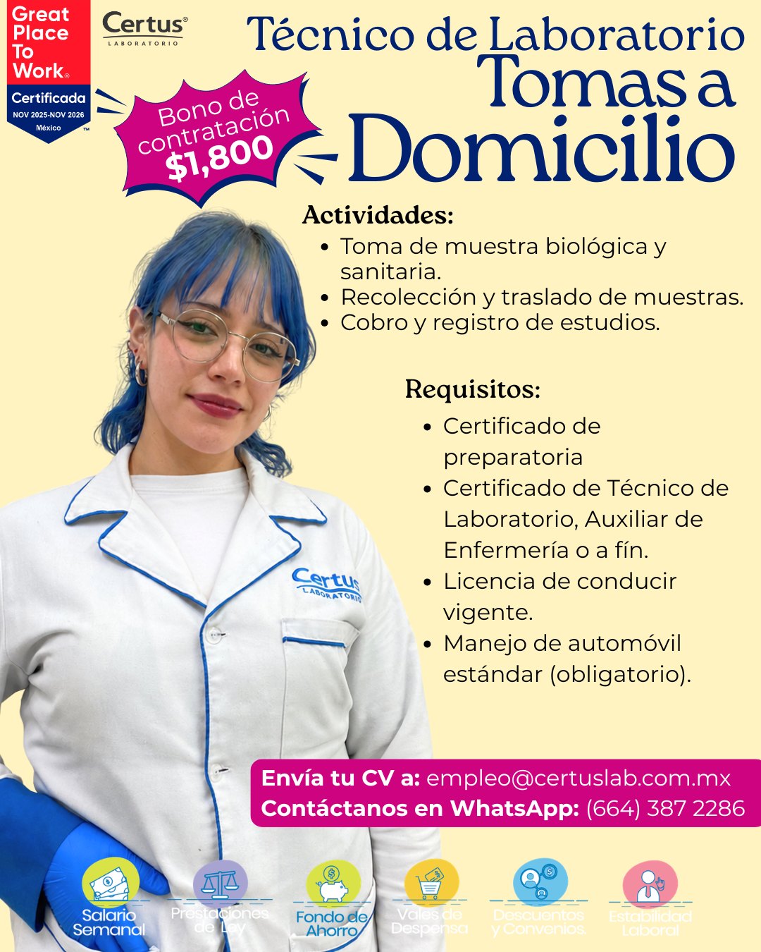 Banner del anuncio de la vacante: Great · Place · To · Work® · Certificada · NOV 2025-NOV 2026 · México · Certus® · LAbOKAOKe · Bono de · contratación · $1,800 · Técnico de L