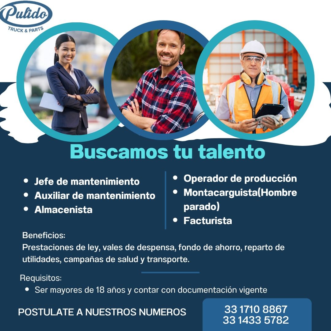 Banner del anuncio de la vacante: Pulido · TRUCK & PARTS · Buscamos tu talento · • Jefe de mantenimiento · • Auxiliar de mantenimiento · • Almacenista · • Operador de producc