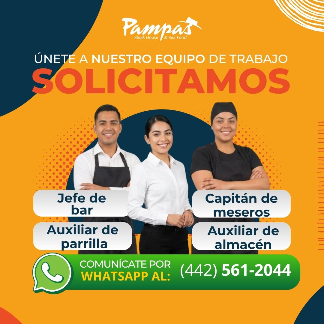 Banner del anuncio de la vacante: Pampas · Steak House · ÚNETÉ A NUESTRO EQUIPO DE TRABAJO · SOLICITAMOS · Jefe de · bar · Auxiliar de · parrilla · COMUNÍCATE POR · WHATSAPP 