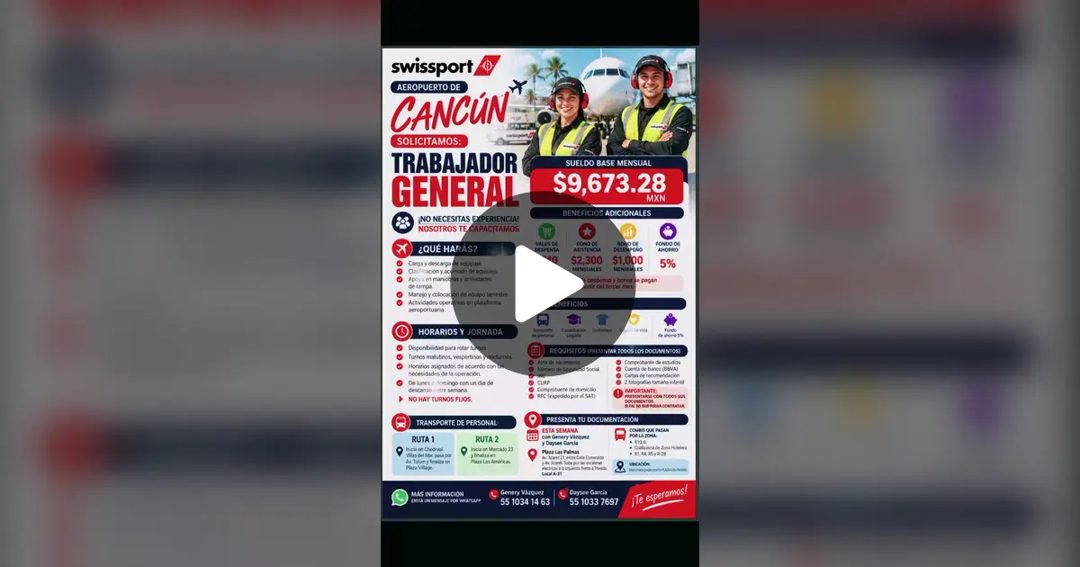 Banner del anuncio de la vacante: swissport · AEROPUERTO DE · CANCÚN · (SOLICITAMOS: · TRABAJADOR · GENERAL · ¡NO NECESITAS EXPERIENCIA! · NOSOTROS TE CAPACITAMOS · ¿QUÉ HARÁ