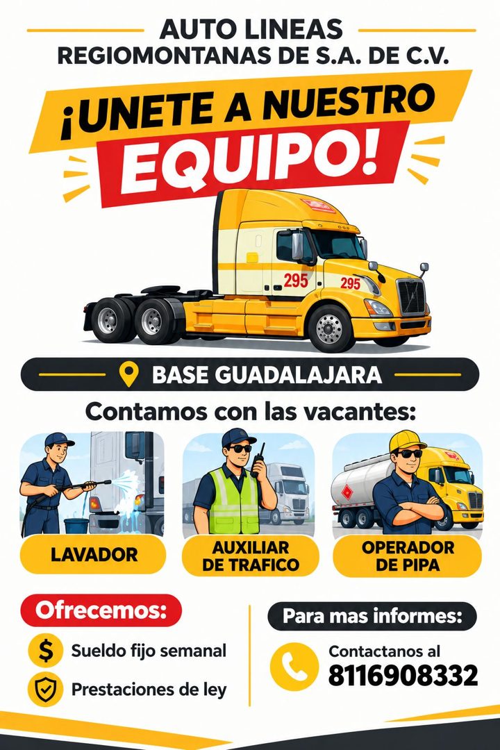 Banner del anuncio de la vacante: AUTO LINEAS · REGIOMONTANAS DE S.A. DE C.V. · ¡UNETE A NUESTRO · EQUIPO! - · 000 · 295 · 295 · BASE GUADALAJARA · Contamos con las vacantes: