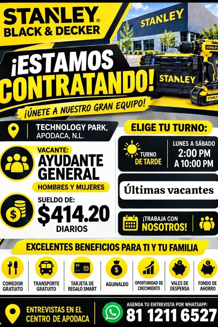 Banner del anuncio de la vacante: STANLEY. · STANLEY · BLACK & DECKER · STANLEY · ¡ESTAMOS · CONTRATANDO! · STANLEY. · ¡ÚNETE A NUESTRO GRAN EQUIPO! · STANLE · TECHNOLOGY PAR