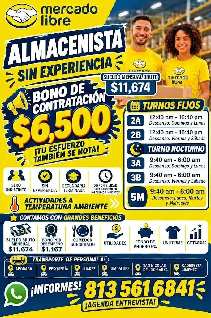 Banner del anuncio de la vacante: mercado · libre · ALMACENISTA · SIN EXPERIENCIA · mercarn · SUELDO MENSUAL BRUTO · mercado · BONO DE · CONTRATACIÓN · $11,674 · libre · EE T