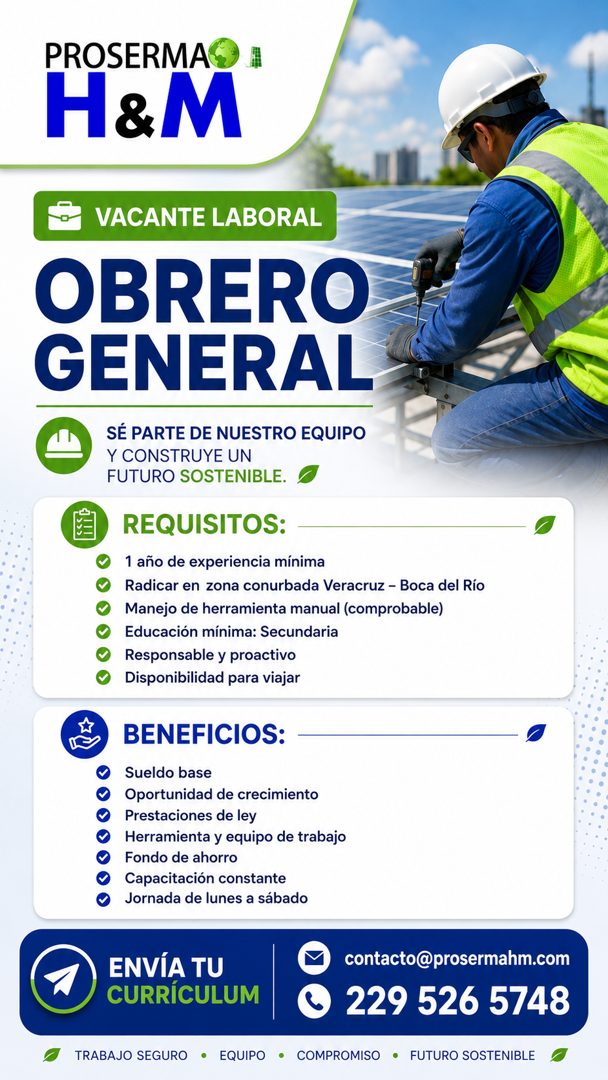 Banner del anuncio de la vacante: PROSERMAO A · H&M · VACANTE LABORAL · OBRERO · GENERAL · SÉ PARTE DE NUESTRO EQUIPO · Y CONSTRUYE UN · FUTURO SOSTENIBLE. · REQUISITOS: · 1 