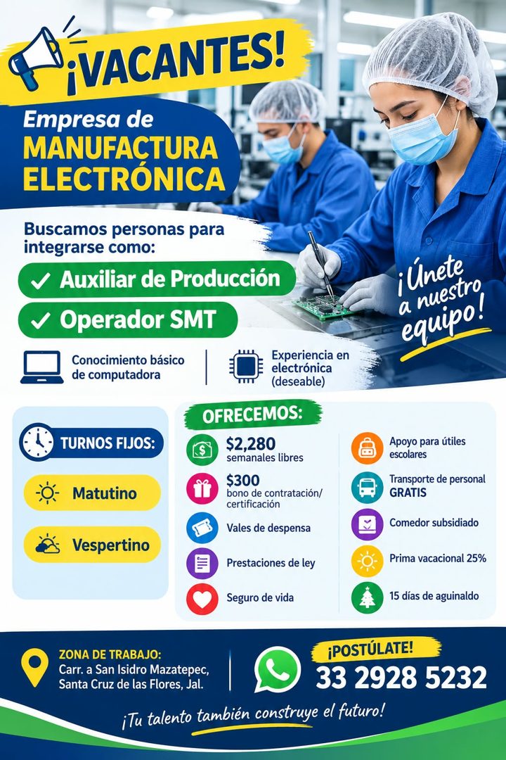 Banner del anuncio de la vacante: VACANTES! · Empresa de · MANUFACTURA · ELECTRÓNICA · Buscamos personas para · integrarse como: · Auxiliar de Producción · v Operador SMT · C
