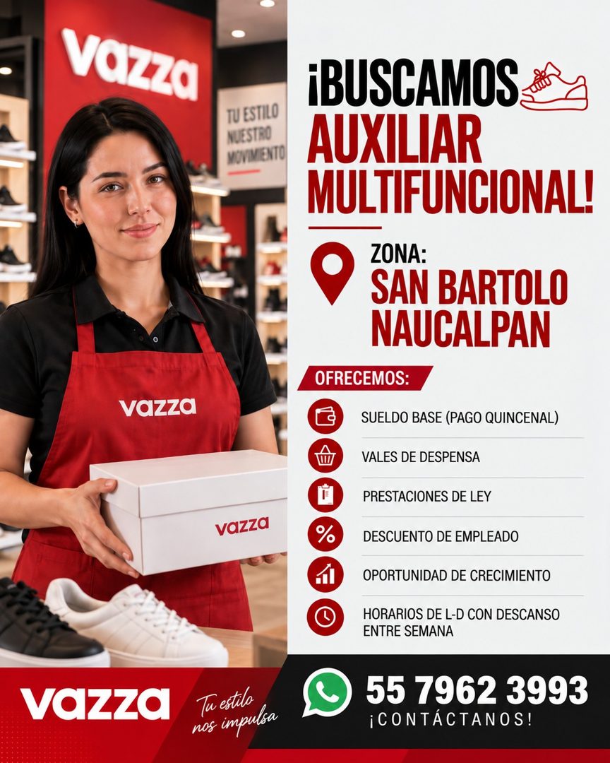 Banner del anuncio de la vacante: vazza · TU ESTILO · NUESTRO · MOVIMIENTO · vazza · vazza · vazza · Tu estilo · nos impulsa · ¡BUSCAMOS · AUXILIAR · MULTIFUNCIONAL! · ZONA: 