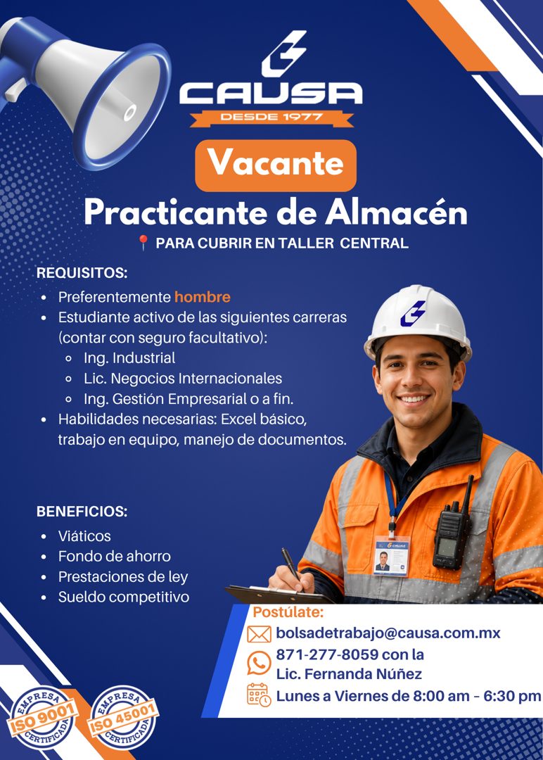 Banner del anuncio de la vacante: CAUSA · DESDE 1977 · Vacante · Practicante de Almacén · PARA CUBRIR EN TALLER CENTRAL · REQUISITOS: · • Preferentemente hombre · • Estudiant