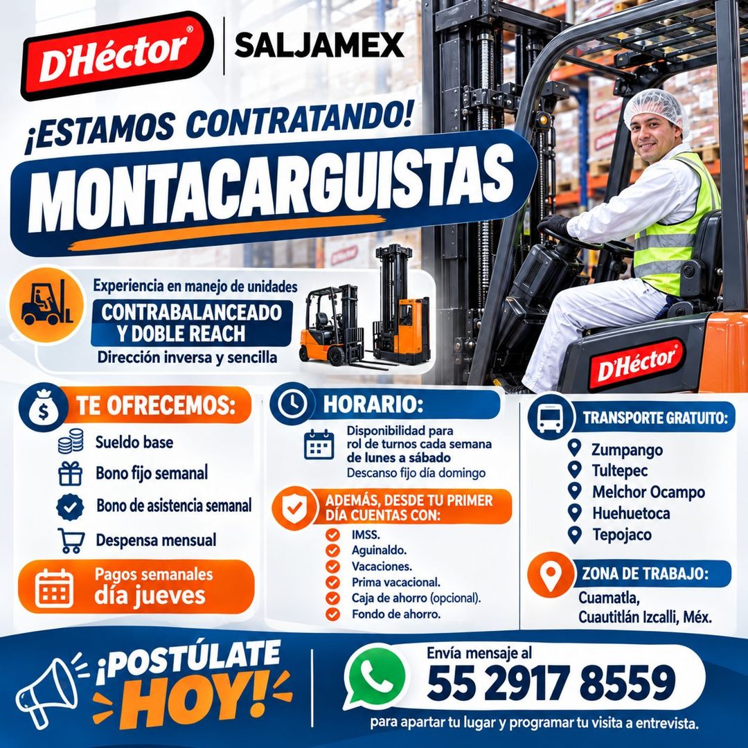 Banner del anuncio de la vacante: D'Héctor · SALJAMEX · ¡ESTAMOS CONTRATANDO! · MONTACARGUISTAS · Experiencia en manejo de unidades · CONTRABALANCEADO · Y DOBLE REACH · Direc
