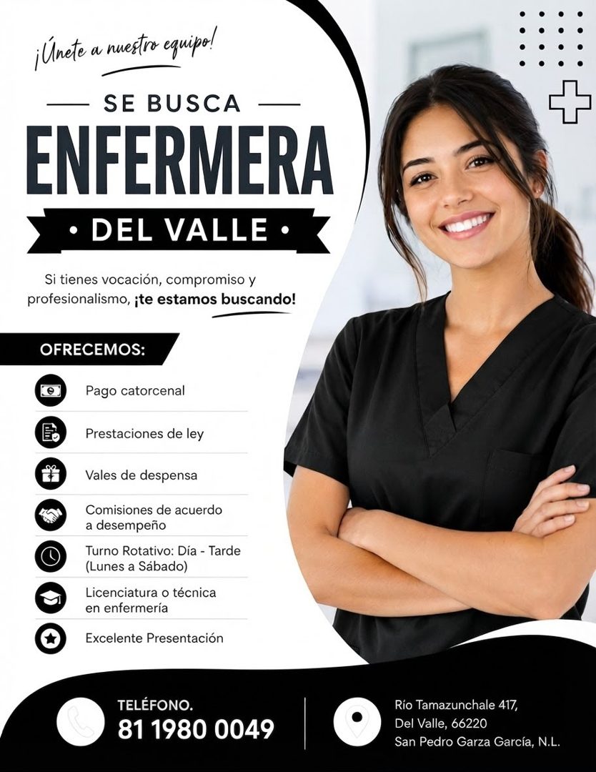 Banner del anuncio de la vacante: ¡Unete a nuestro equipo! · SE BUSCA · ENFERMERA · • DEL VALLE • · Si tienes vocación, compromiso y · profesionalismo, ¡te estamos buscando! 