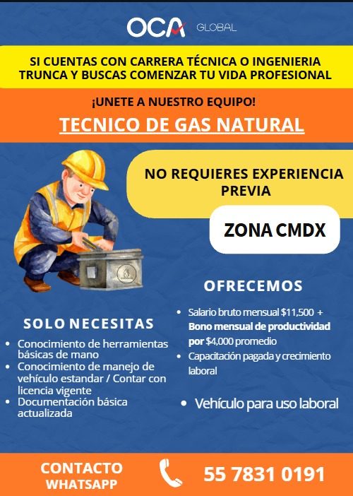 Banner del anuncio de la vacante: OCA GLOBAL · SI CUENTAS CON CARRERA TÉCNICA O INGENIERIA · TRUNCA Y BUSCAS COMENZAR TU VIDA PROFESIONAL · ¡UNETE A NUESTRO EQUIPO! · TECNICO