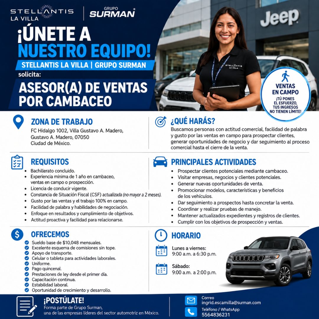 Banner del anuncio de la vacante: STELL · AI · NTIS · GRUPO · SURMAN · LA VILLA · ¡ÚNETE A · NUESTRO EQUIPO! · STELLANTIS LA VILLA | GRUPO SURMAN · solicita: · ASESOR(A) DE V