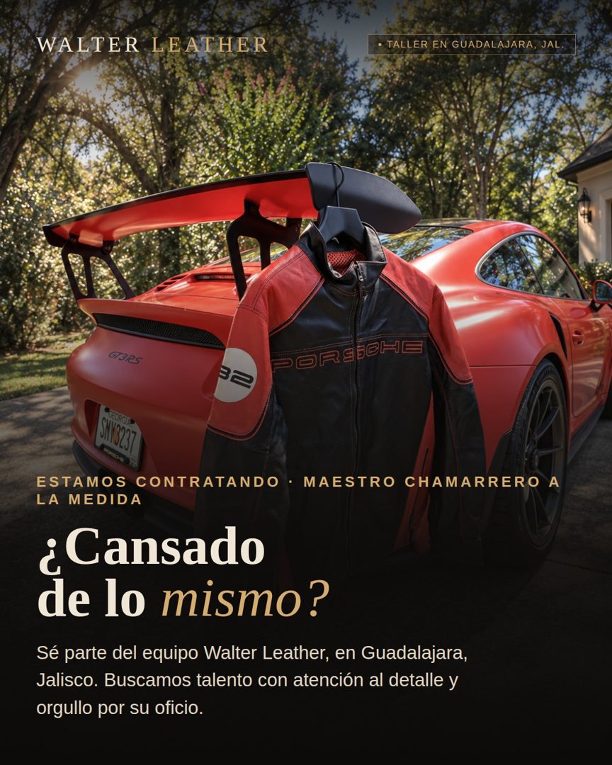 Banner del anuncio de la vacante: WALTER LEATHER · • TALLER EN GUADALAJARA, JAL. · T3RS · ORICHE · 3: · 65V 3237 · GEORGIA · ESTAMOS CONTRATANDO • MAESTRO CHAMARRERO A · LA M