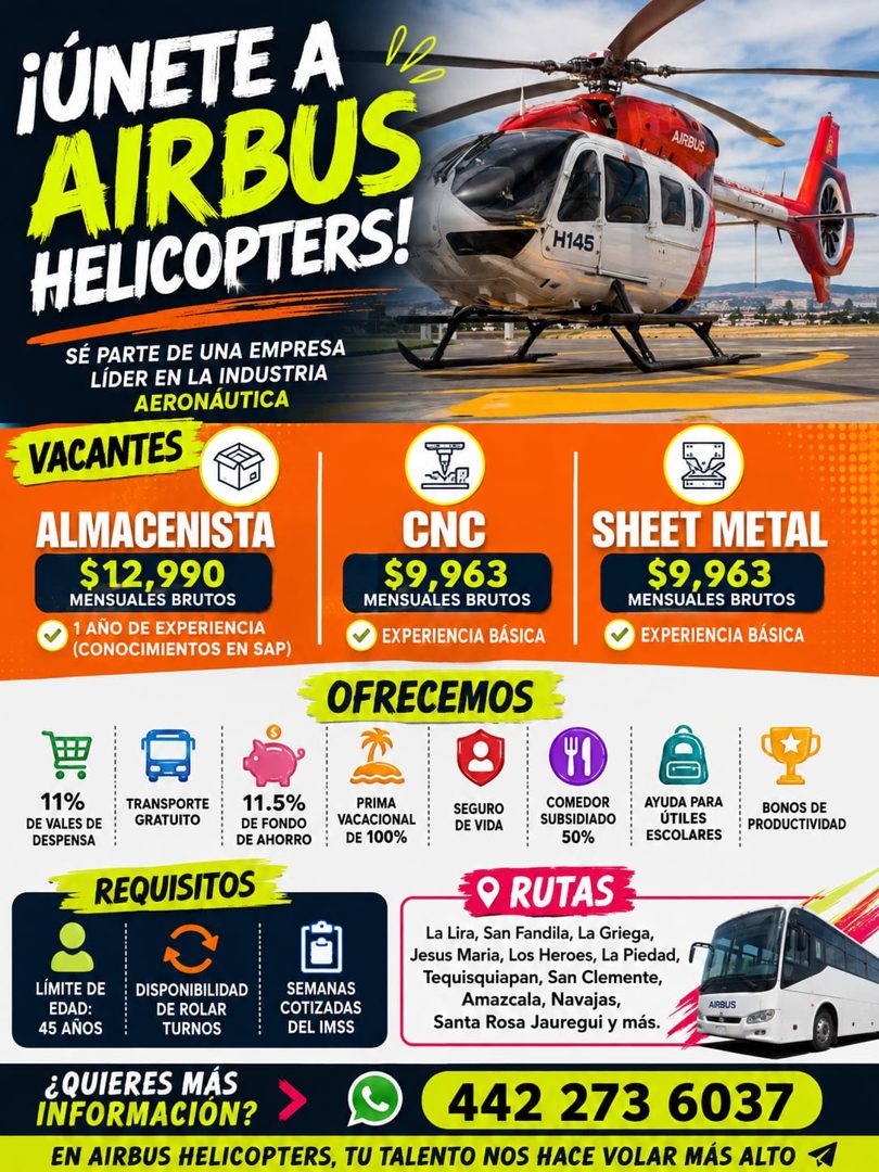Banner del anuncio de la vacante: ¡ÚNETE A · AIRBUS · HELICOPTERS! · SÉ PARTE DE UNA EMPRESA · LÍDER EN LA INDUSTRIA · AERONÁUTICA · VACANTES · ALMACENISTA · $12,990 · MENSUA