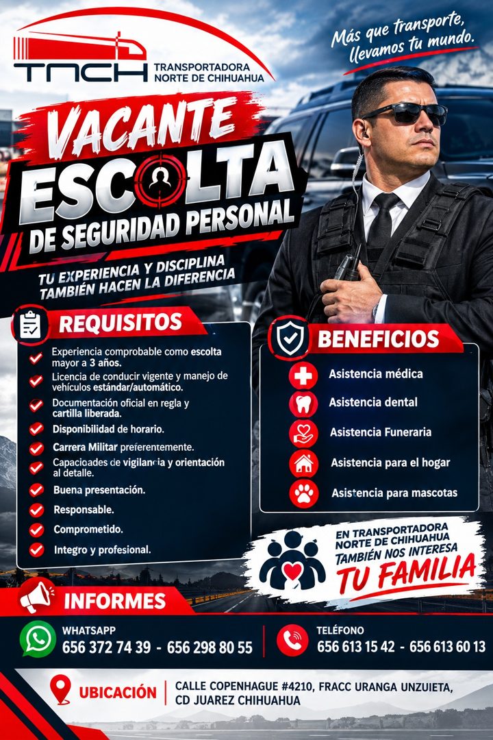 Banner del anuncio de la vacante: Más que transporte, · llevamos tu mundo. · TOCH · TRANSPORTADORA · NORTE DE CHIHUAHUA · VACANTE · ESCOLTA · DE SEGURIDAD PERSONAL · TU EXPER