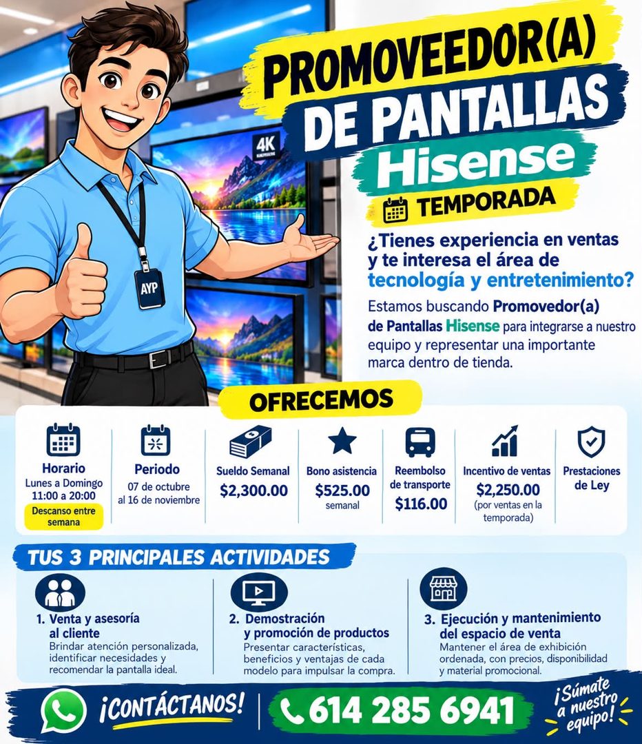 Banner del anuncio de la vacante: AYP · PROMOVEEDOR(A) · 4K · DE PANTALLAS · Hisense · TEMPORADA · ¿Tienes experiencia en ventas · y te interesa el área de · tecnología y ent