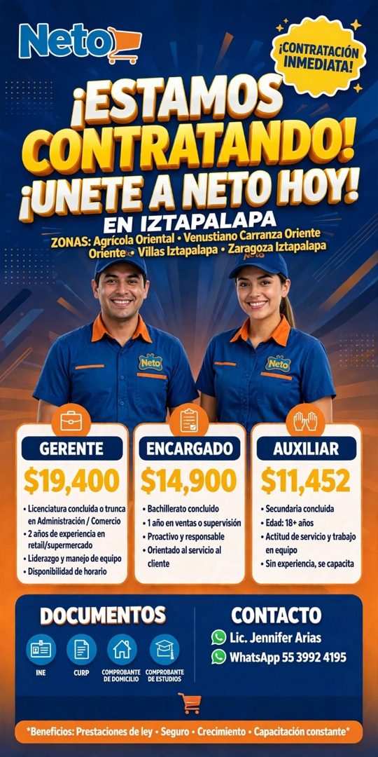 Banner del anuncio de la vacante: Neto_ · ¡CONTRATACIÓN · INMEDIATA! · ¡ESTAMOS · CONTRATANDO! · ¡UNETE A NETO HOY! · EN IZTAPALAPA · ZONAS: Agrícola Oriental • Venustiano Ca