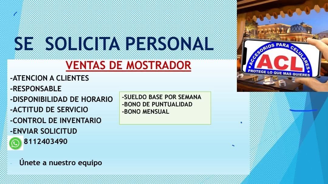 Banner del anuncio de la vacante: SE SOLICITA PERSONAL · VENTAS DE MOSTRADOR · -ATENCION A CLIENTES · -RESPONSABLE · -DISPONIBILIDAD DE HORARIO · -ACTITUD DE SERVICIO · -SUEL