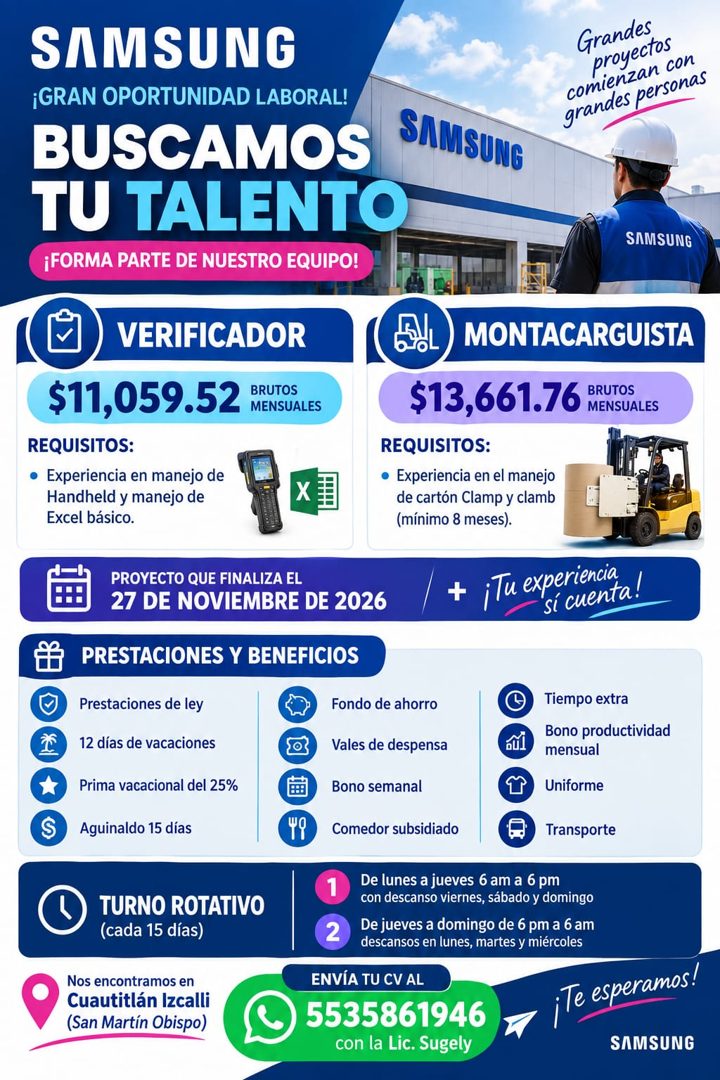 Banner del anuncio de la vacante: SAMSUNG · ¡GRAN OPORTUNIDAD LABORAL! · BUSCAMOS · TU TALENTO · ¡FORMA PARTE DE NUESTRO EQUIPO! · Grandes · proyectos · comienzan con · grand