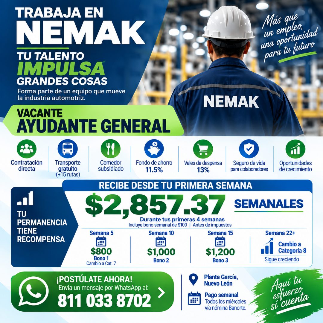 Banner del anuncio de la vacante: TRABAJA EN · NEMAK · TU TALENTO · IMPULSA · GRANDES COSAS · Forma parte de un equipo que mueve · la industria automotriz. · VACANTE · AYUDAN
