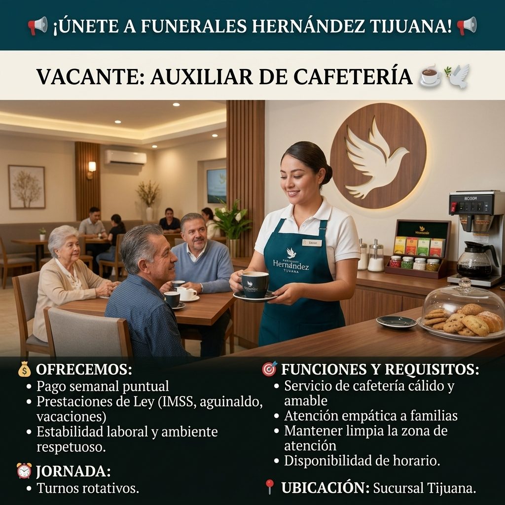 Banner del anuncio de la vacante: ¡ÚNETE A FUNERALES HERNÁNDEZ TUANA! 10 · VACANTE: AUXILIAR DE CAFETERÍA · betiguer · Hernandez. · TUVANA · OFRECEMOS: · • Pago semanal puntu
