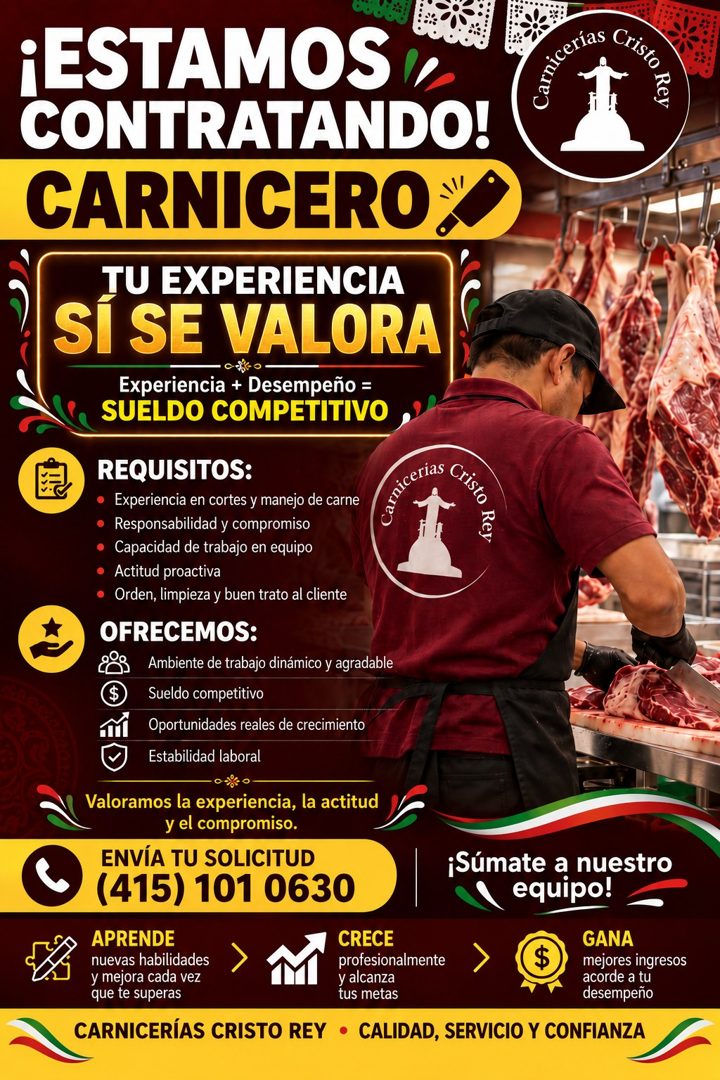 Banner del anuncio de la vacante: ¡ESTAMOS · CONTRATANDO! · CARNICERO" · Rey · TU EXPERIENCIA · SÍ SE VALORA · Experiencia + Desempeño = · SUELDO COMPETITIVO · REQUISITOS: · 