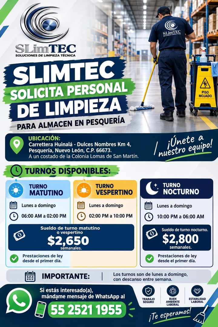 Banner del anuncio de la vacante: SLimTEC · LICORO RUMANIA TRONCA · SLimTEC · SOLUCIONES DE LIMPIEZA TÉCNICA · SLIMTEC · SOLICITA PERSONAL · DE LIMPIEZA · PARA ALMACEN EN PES