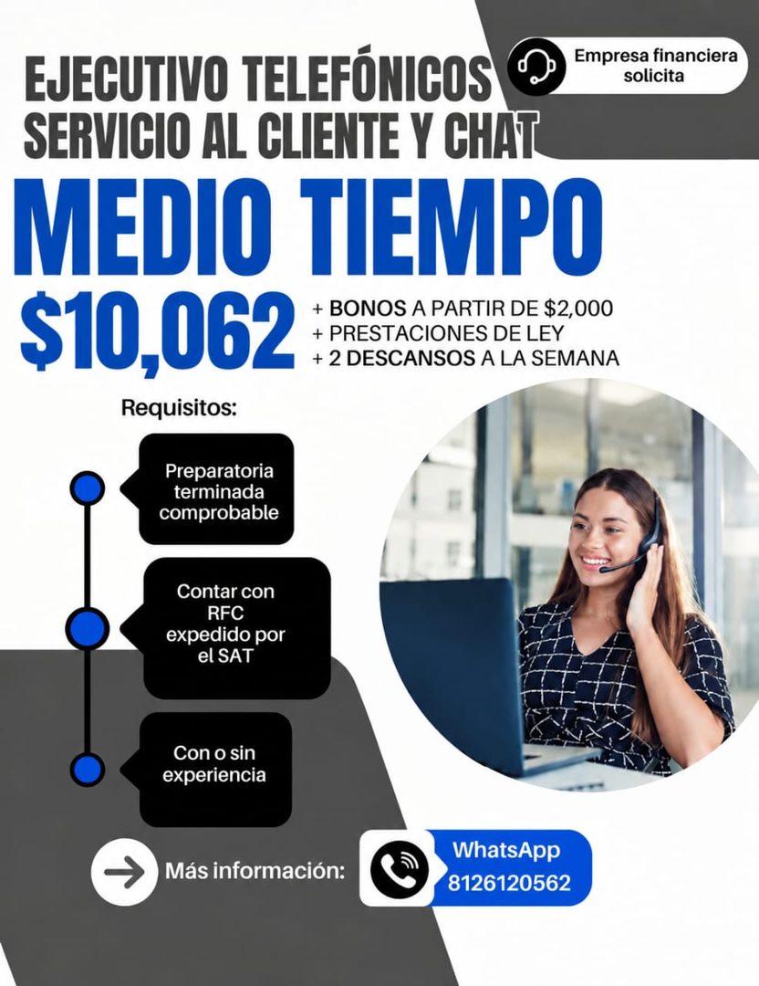 Banner del anuncio de la vacante: EJECUTIVO TELEFÓNICOS · SERVICIO AL CLIENTE Y CHAT · MEDIO TIEMPO · $10,062 · + BONOS A PARTIR DE $2,000 · + PRESTACIONES DE LEY · + 2 DESCA