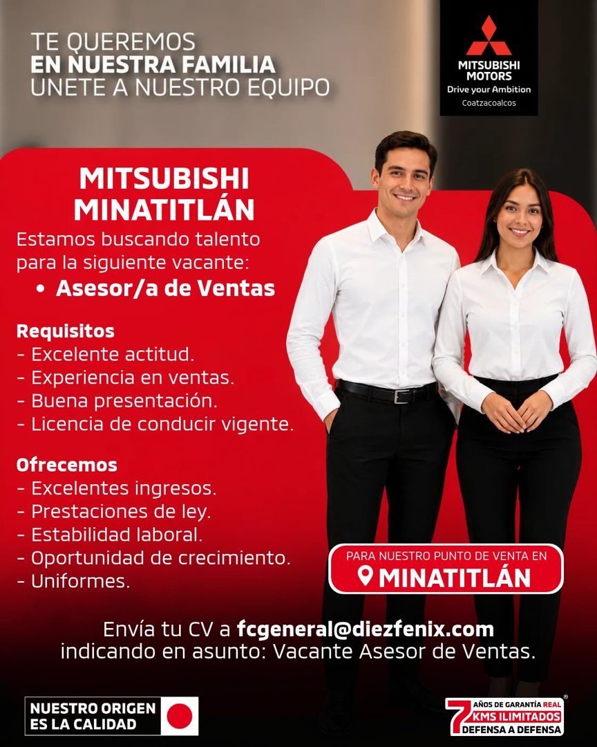 Banner del anuncio de la vacante: TE QUEREMOS · EN NUESTRA FAMILIA · UNETE A NUESTRO EQUIPO · MITSUBISHI · MOTORS · Drive your Ambition · Coatzacoalcos · MITSUBISHI · MINATIT