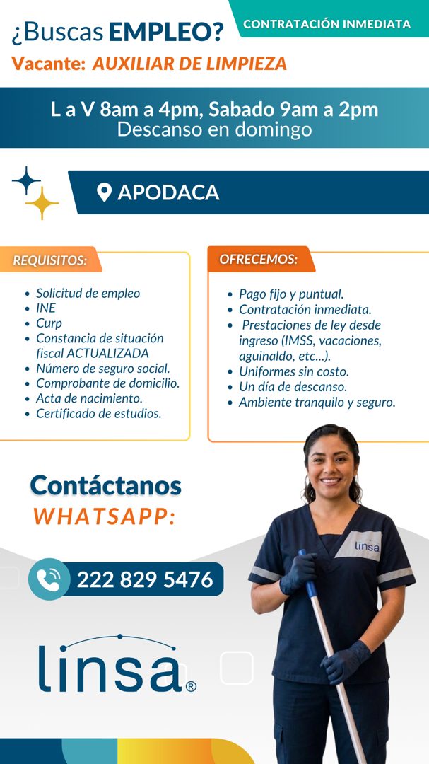 Banner del anuncio de la vacante: ¿Buscas EMPLEO? · Vacante: AUXILIAR DE LIMPIEZA · CONTRATACIÓN INMEDIATA · La V 8am a 4pm, Sabado 9am a 2pm · Descanso en domingo · • APODAC