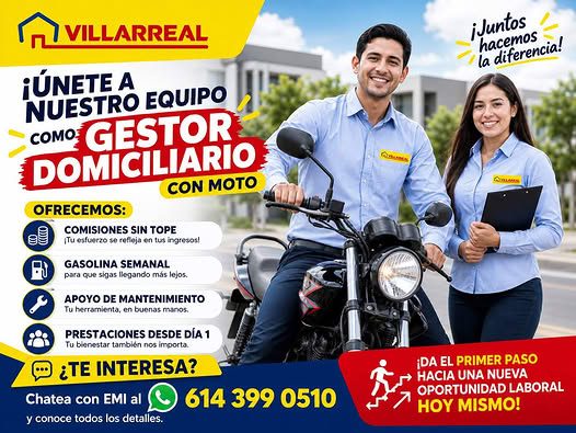 Banner del anuncio de la vacante: VILLARREAL · ¡ÚNETE A · NUESTRO EQUIPO · COMO GESTOR · DOMICILIARIO · CON MOTO · OFRECEMOS: · COMISIONES SIN TOPE · ¡Tu esfuerzo se refleja 