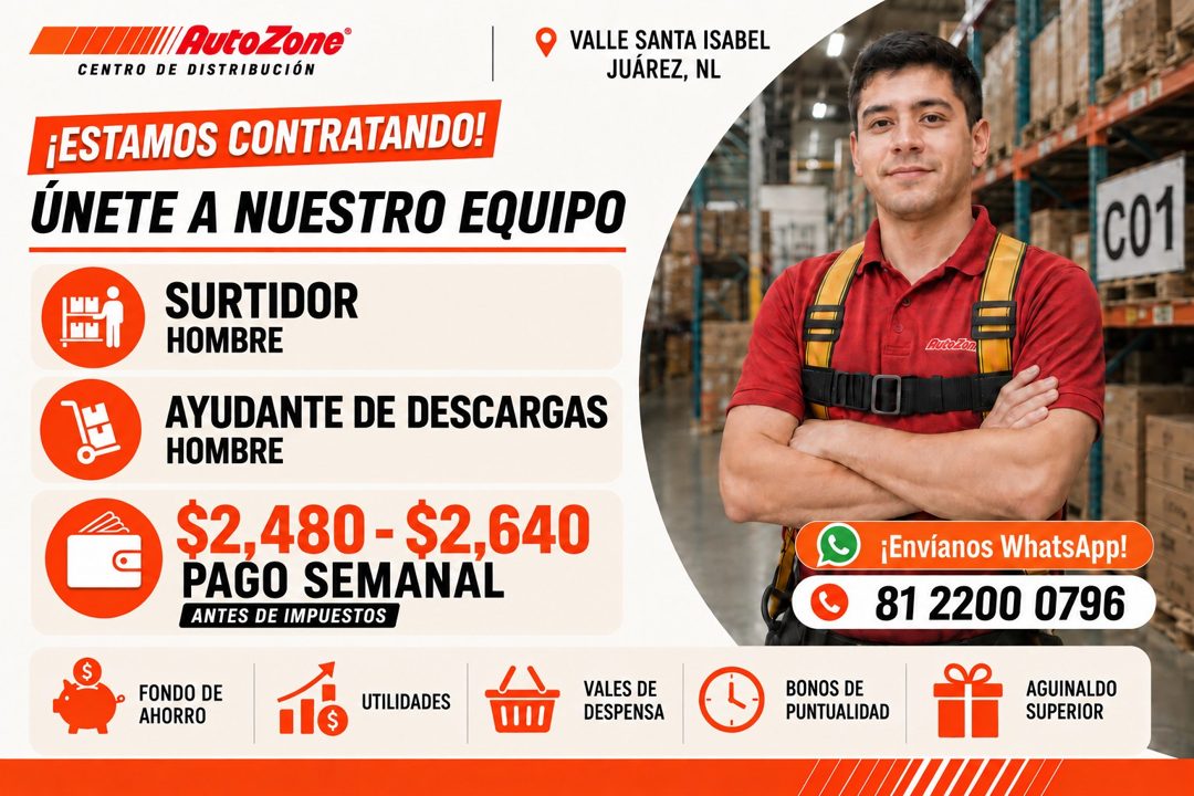 Banner del anuncio de la vacante: Auto Zone® · CENTRO DE DISTRIBUCIÓN · ¡ESTAMOS CONTRATANDO! · ÚNETE A NUESTRO EQUIPO · SURTIDOR · HOMBRE · AYUDANTE DE DESCARGAS · HOMBRE · 