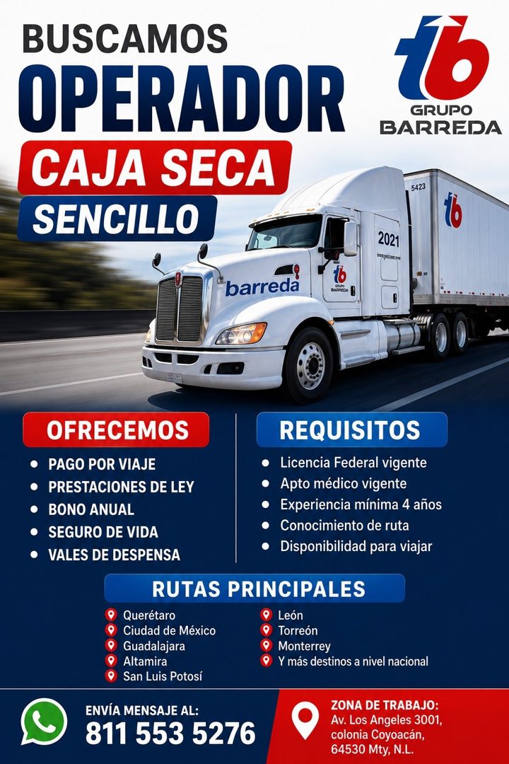 Banner del anuncio de la vacante: BUSCAMOS · OPERADOR · CAJA SECA · SENCILLO · 1b · GRUPO · BARREDA · 5423 · 2021 · barreda · GRUPO · BARREDA · OFRECEMOS · REQUISITOS · • PAG