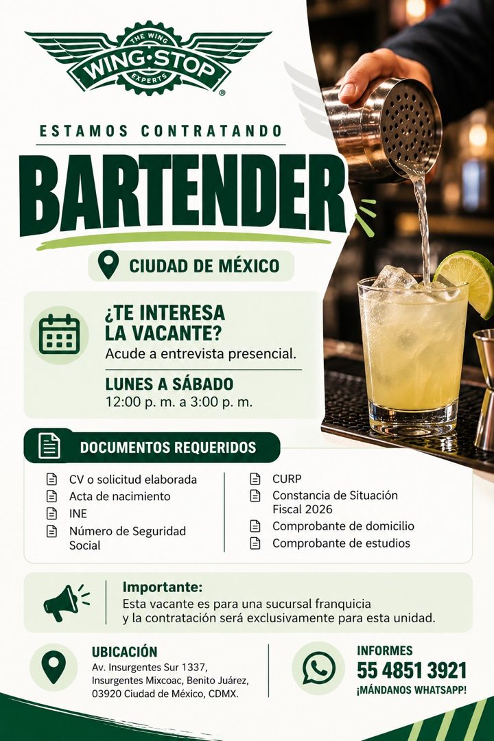 Banner del anuncio de la vacante: THE WING · NING® STOP · EXPERTO · ® · ESTAMOS CONTRATANDO · BARTENDER · CIUDAD DE MÉXICO · ¿TE INTERESA · LA VACANTE? · Acude a entrevista p