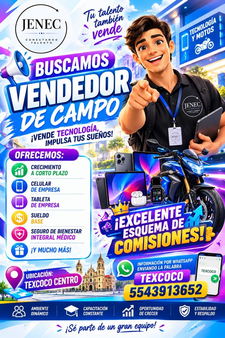 Banner del anuncio de la vacante: JENEC · CONECTANDO · TALENTO · Tu talento · también · vende · BUSCAMOS · VENDEDOR · DE CAMPO · ¡VENDE TECNOLOGIA, · IMPULSA TUS SUENOS! · OF