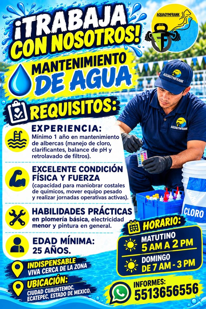 Banner del anuncio de la vacante: ¡TRABAJA L · AQUAGYMFRANK · CON NOSOUROS! AR · MANTENIMIENTO · DE AGUA · AQUAGYMFRANK · REQUISITOS: · EXPERIENCIA: · AQUAGYMFRANK · Mínimo 1