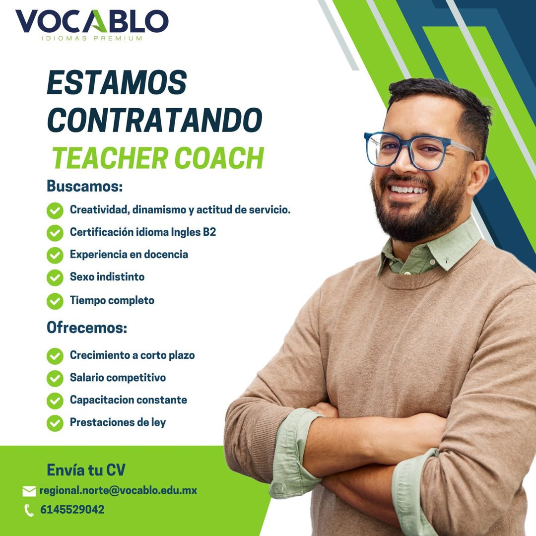 Banner del anuncio de la vacante: VOCABLO · IDIOMAS PREMIUM · ESTAMOS · CONTRATANDO · TEACHER COACH · Buscamos: · Creatividad, dinamismo y actitud de servicio. · • Certificac