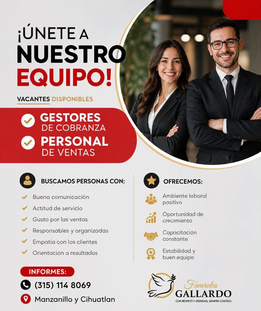Banner del anuncio de la vacante: ¡ÚNETE A · NUESTRO · EQUIPO! · VACANTES DISPONIBLES · GESTORES · DE COBRANZA · PERSONAL · DE VENTAS · BUSCAMOS PERSONAS CON: · Buena comunic